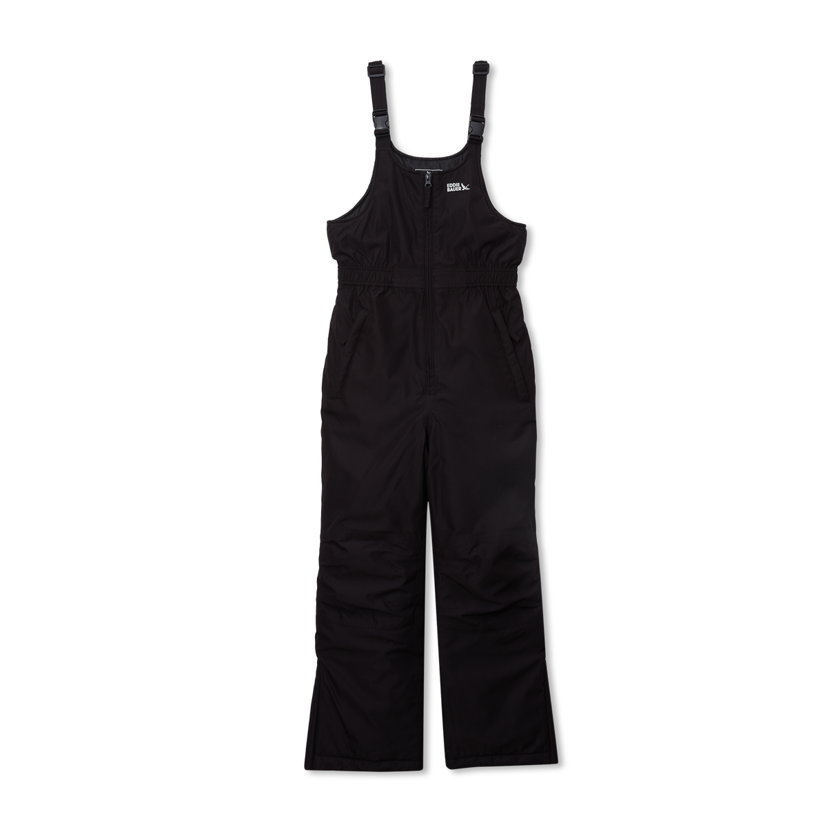 Black sleeveless bib overalls with adjustable shoulder straps and full-length pants for children.