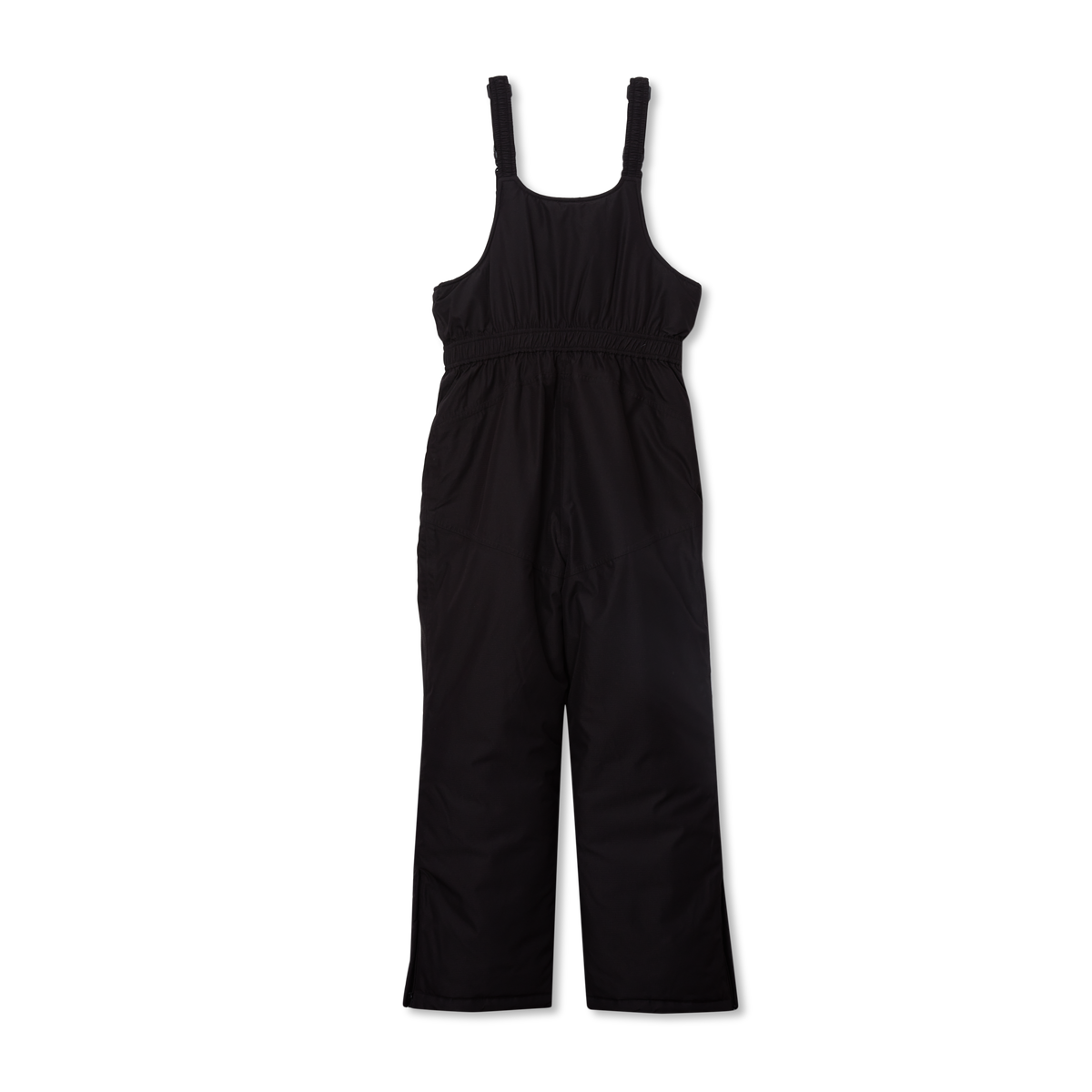 Black sleeveless children's bib with tank straps, cinched waist, and wide-leg pant design.
