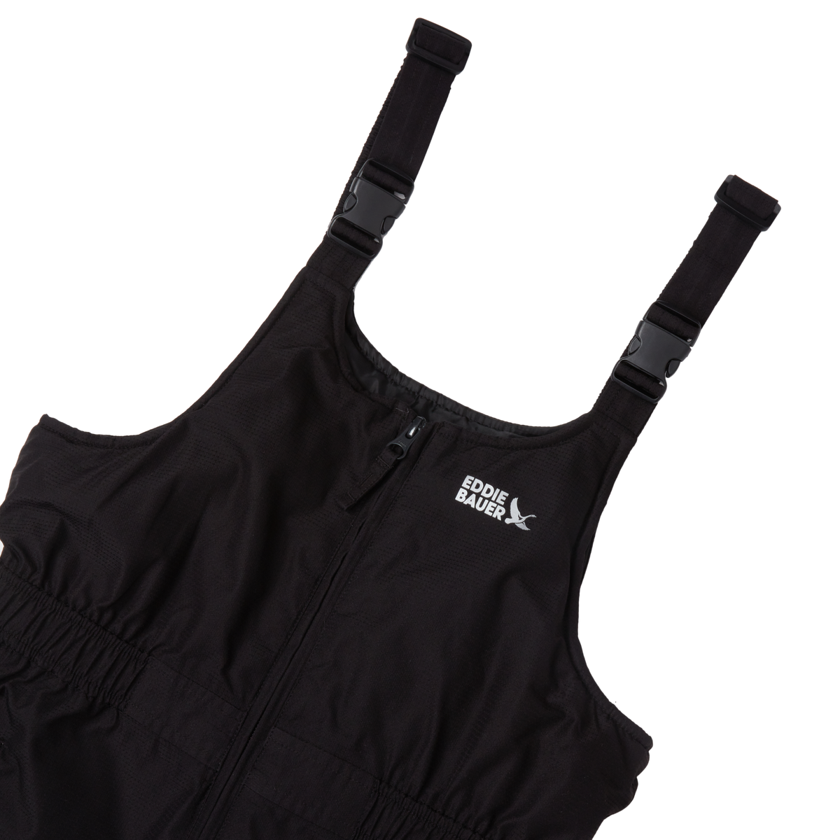 Black kids bib with shoulder straps, Eddie Bauer branding, and front zip closure.