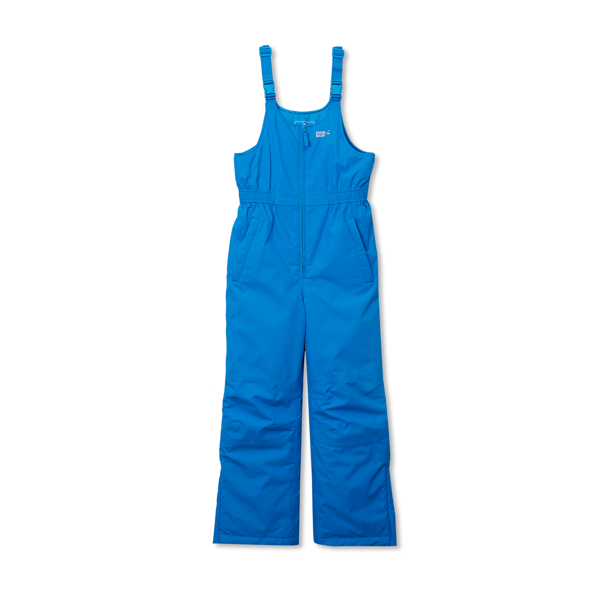 Blue sleeveless bib overalls with adjustable shoulder straps and full-length pants.