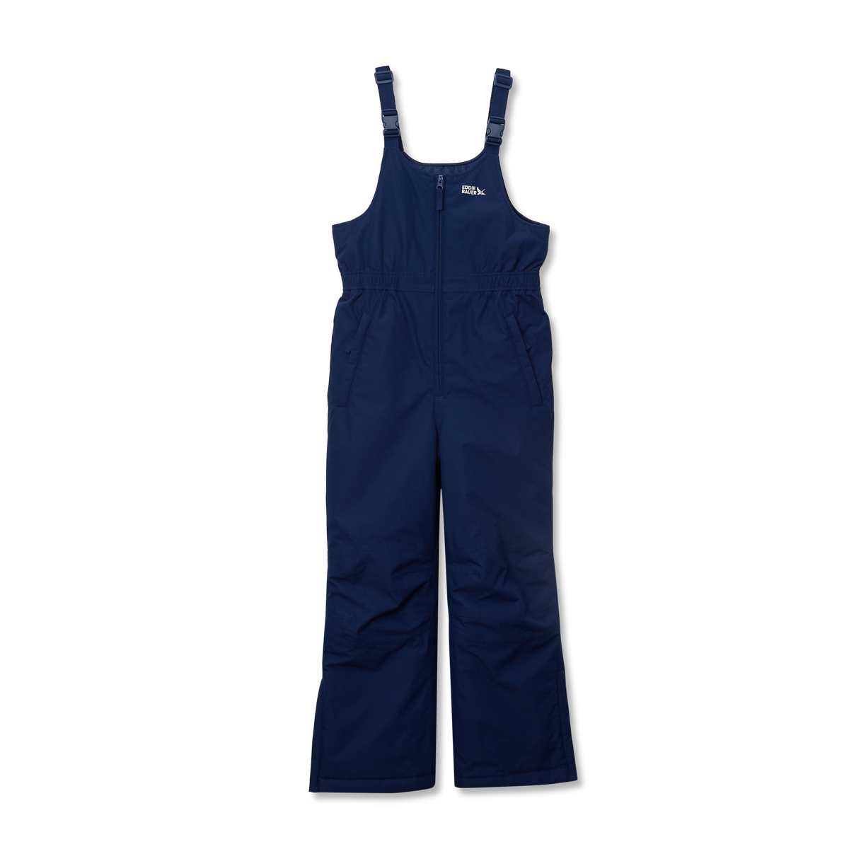 Navy blue children's bib overalls with adjustable shoulder straps and front zipper closure.