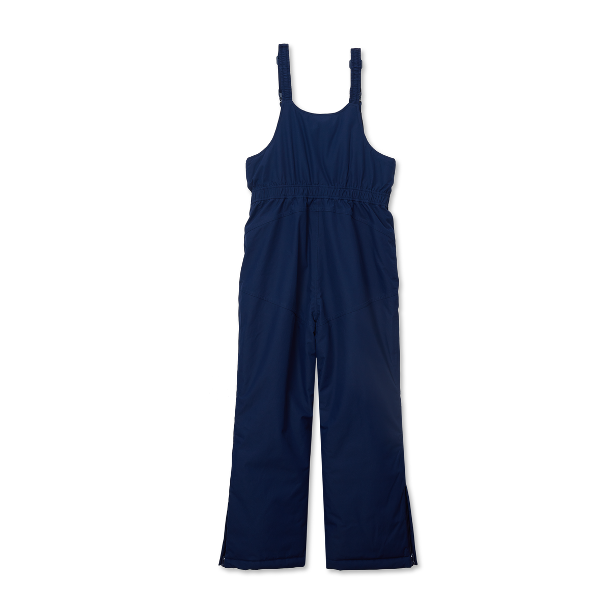 Navy blue sleeveless children's bib with shoulder straps and full-length pants.