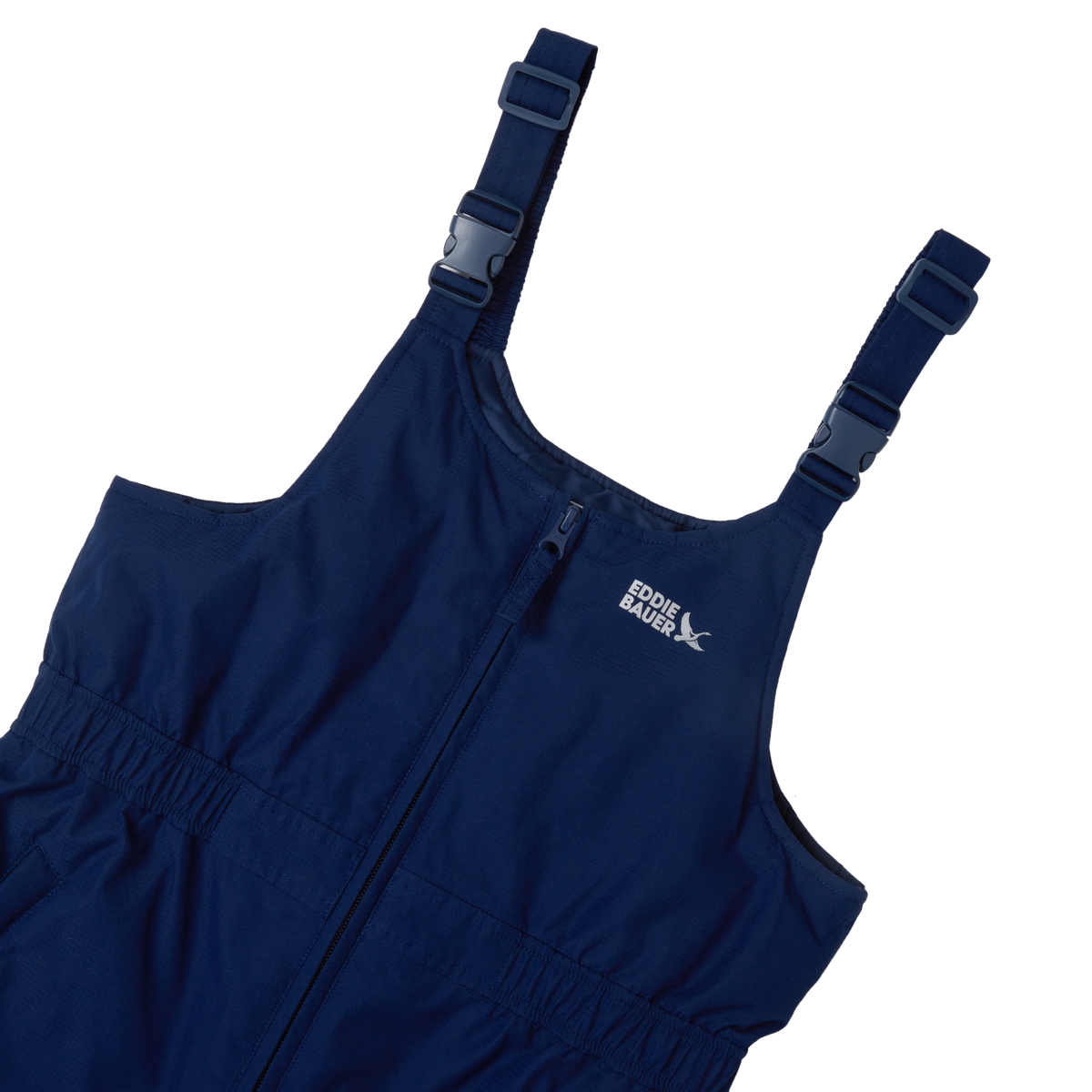 Navy blue kids bib with adjustable shoulder straps, front zipper, and Eddie Bauer branding.