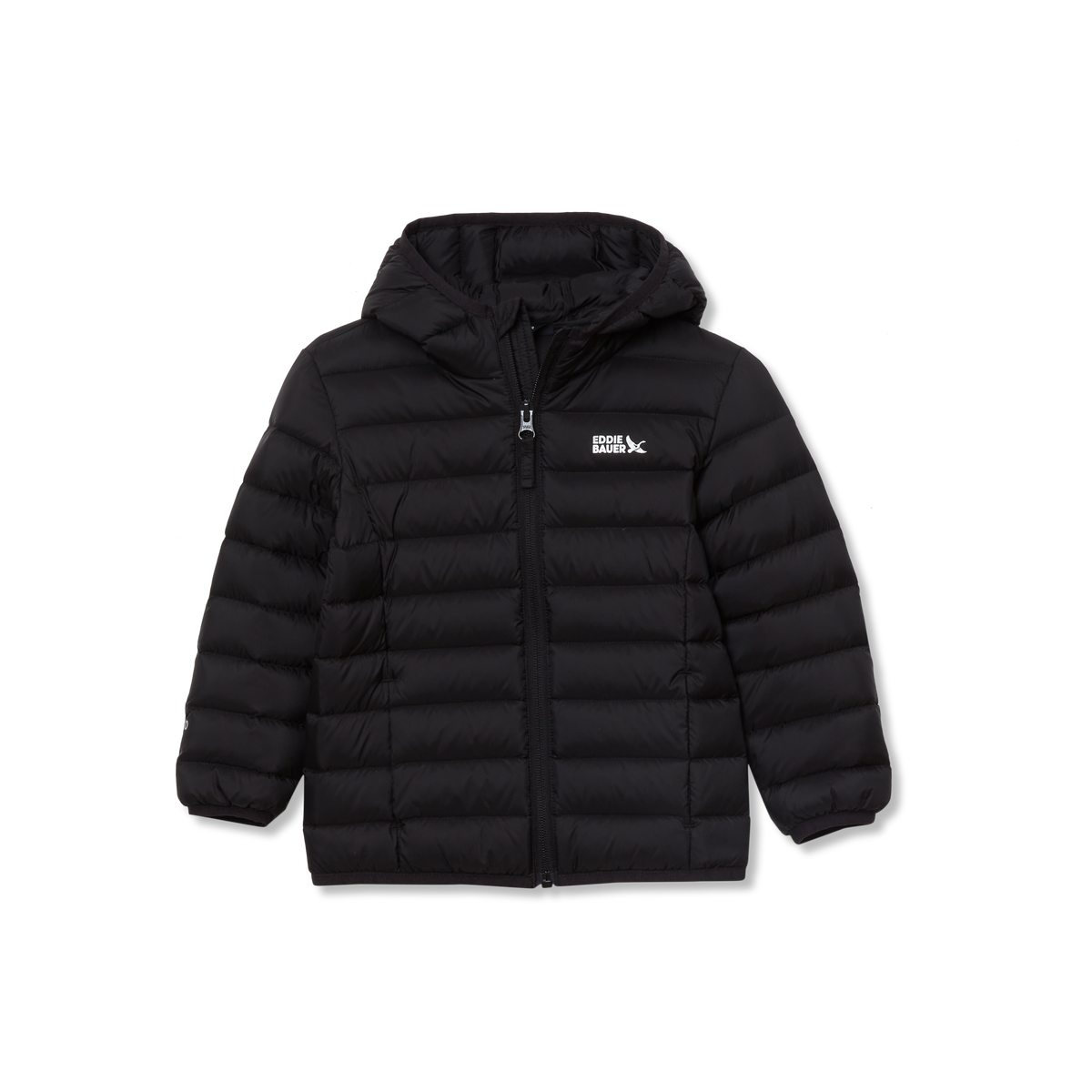 Black quilted down hooded jacket with center front zip and brand logo on chest.