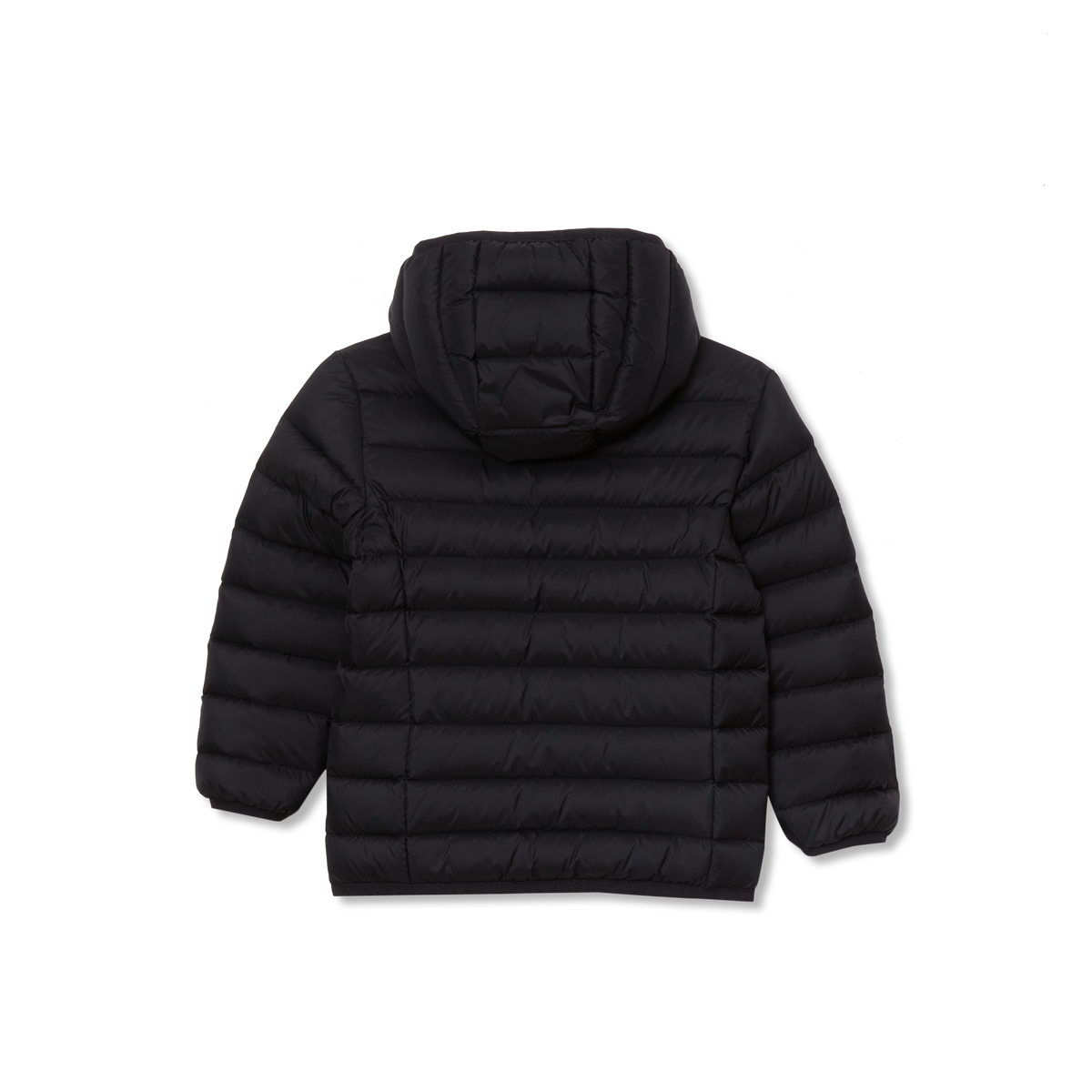 Black quilted down hooded jacket with horizontal stitch lines for toddlers.