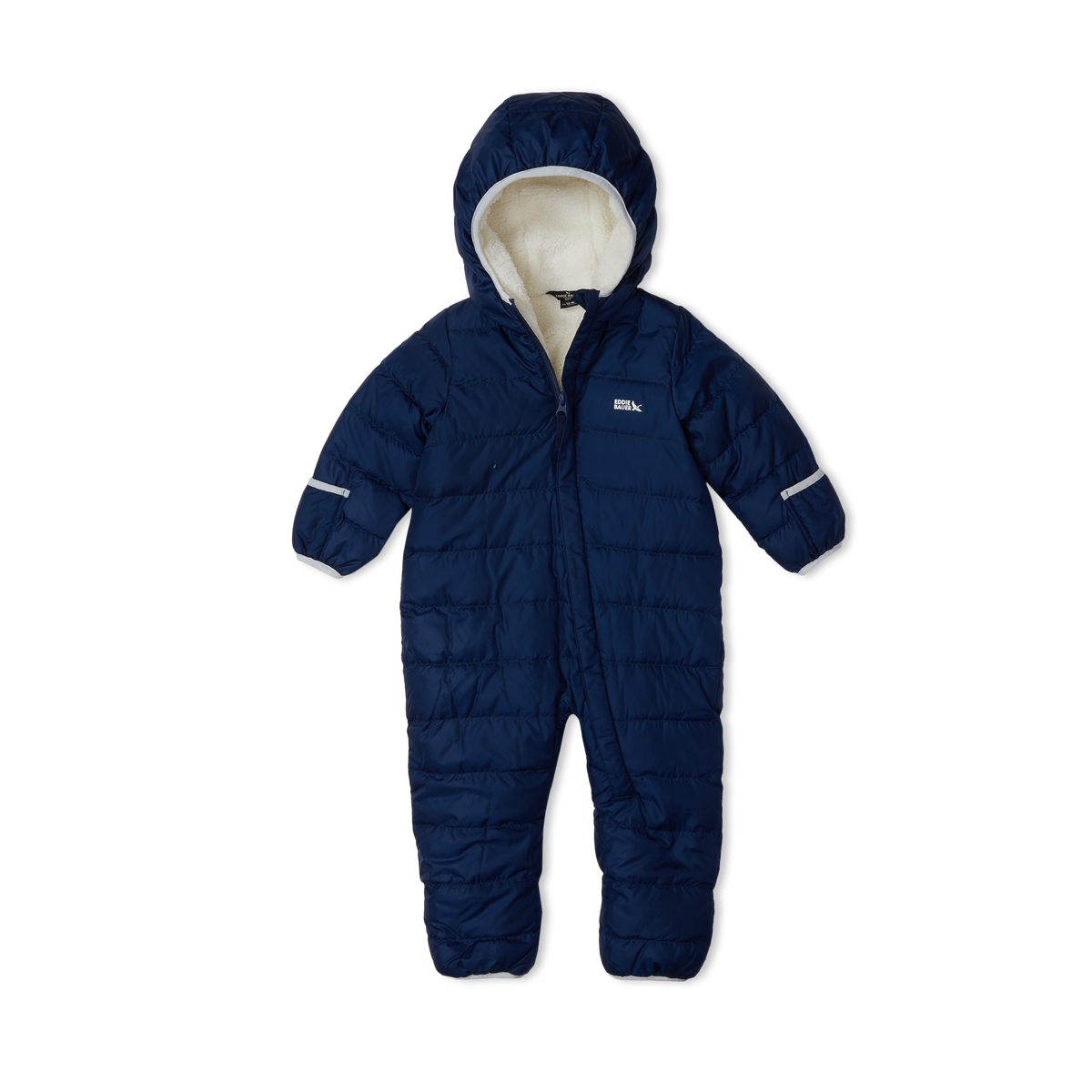 Navy quilted one-piece snowsuit with white fleece lining, hood, and reflective trim on sleeves.