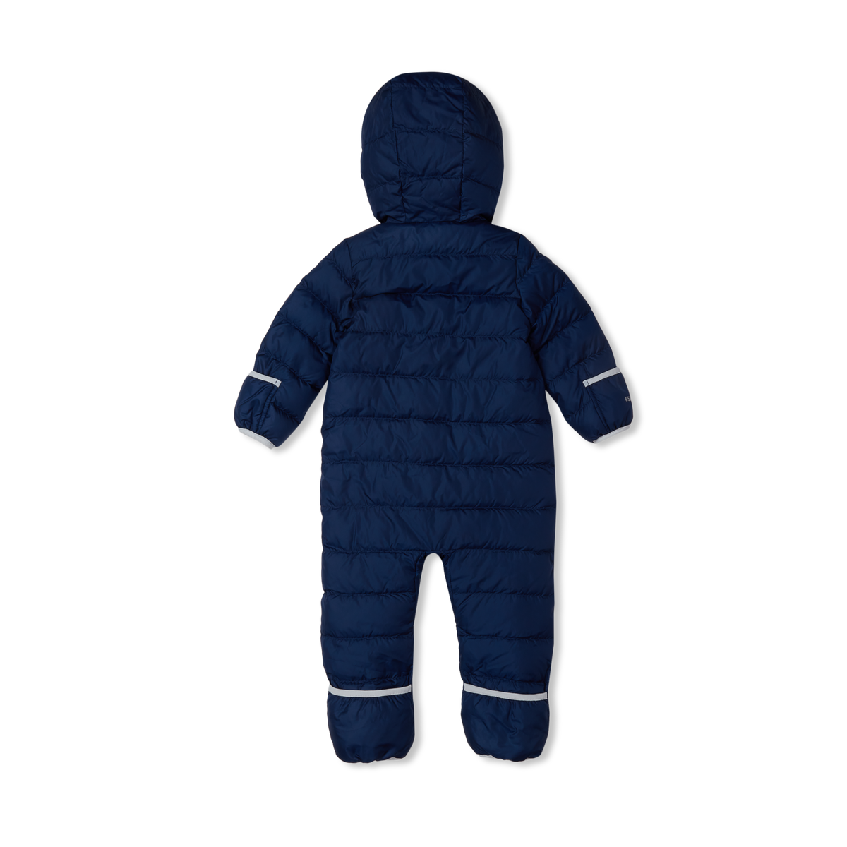 Navy quilted down snowsuit with hood and white reflective stripes on sleeves and legs.