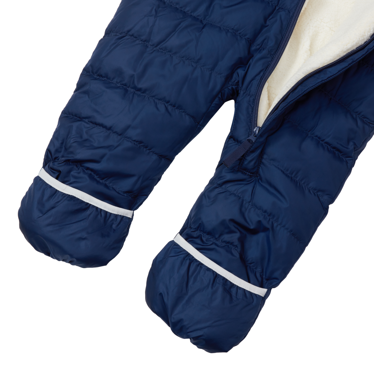 Navy quilted snowsuit with white lining and mittens, showing lower body and leg sections with white cuff trim.