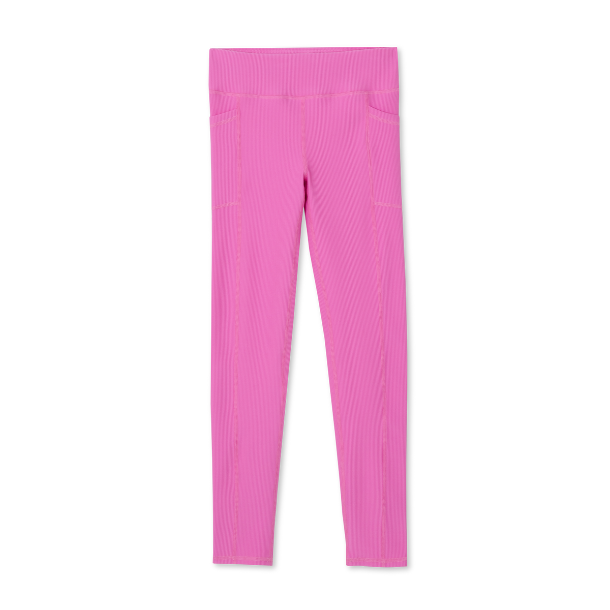 Pink ribbed leggings with side pockets and high waistband.