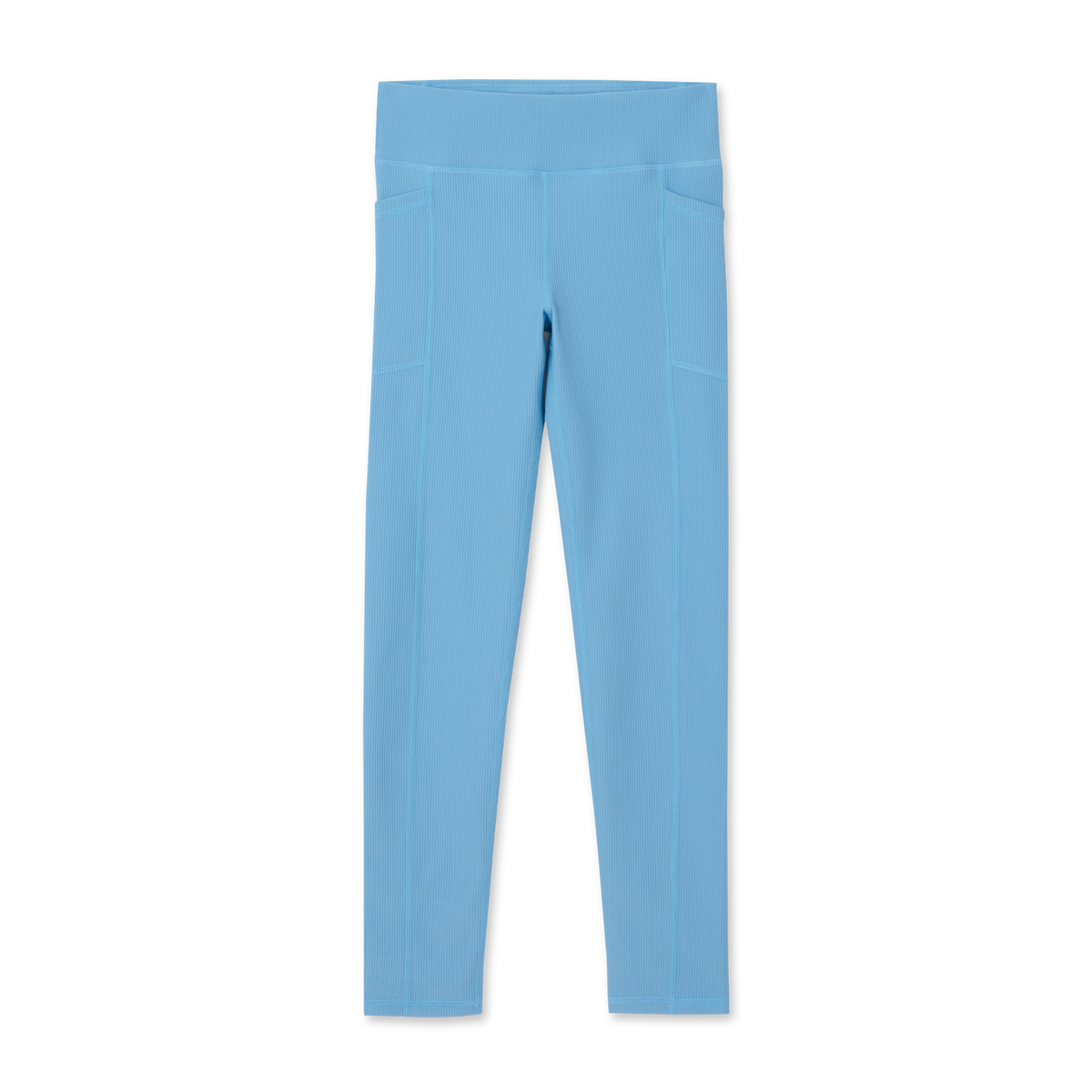 Blue ribbed leggings with high waistband and side pockets displayed flat against white background.