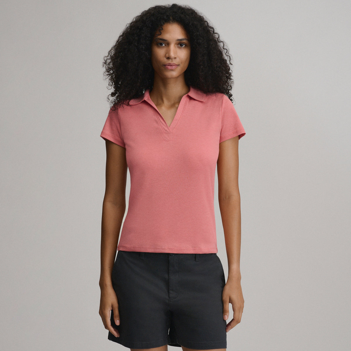 Women's Everyday Short Sleeve Collared Split Neck-Tangelo-1