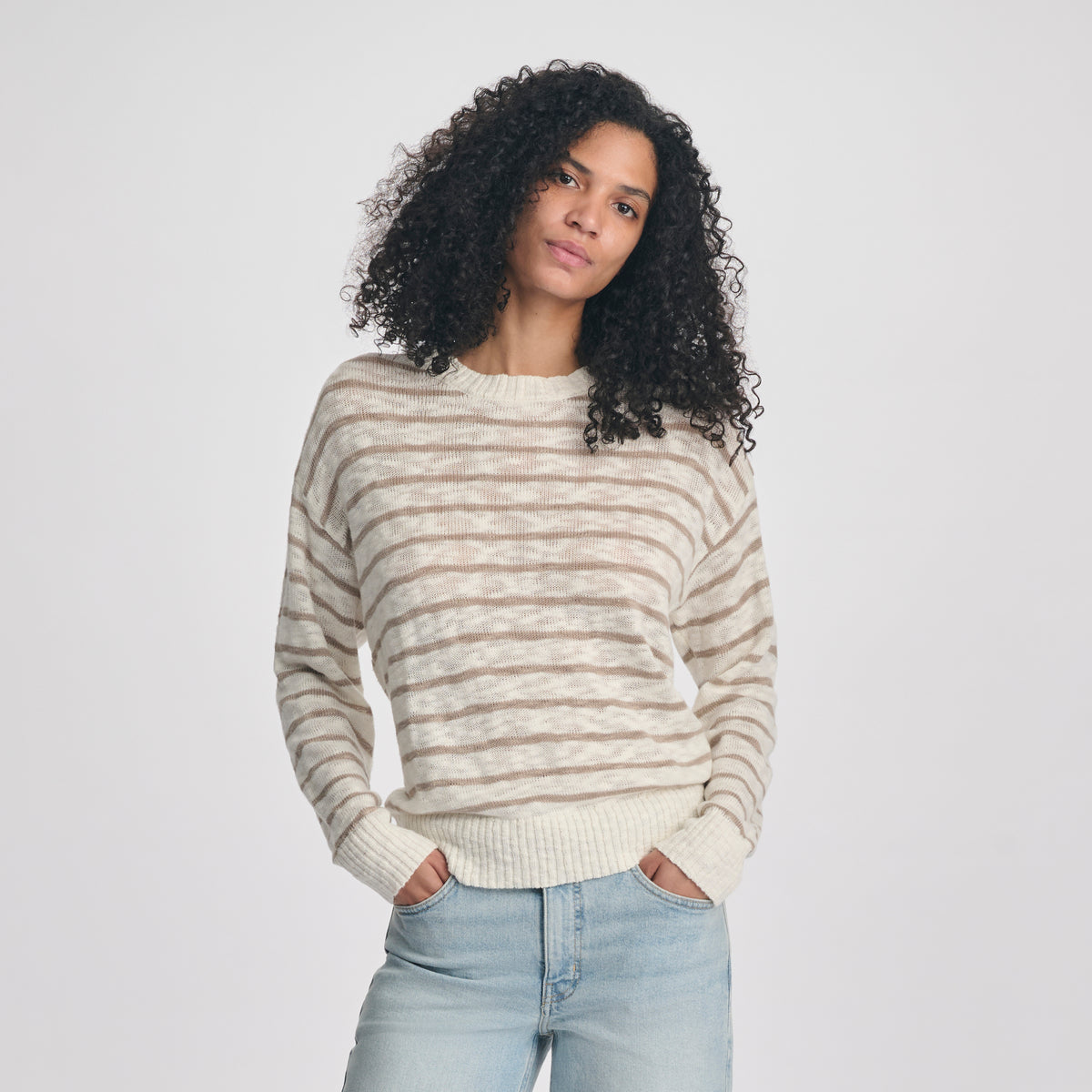 Women's Slub Stripe Crew Neck Sweater-Ivory-1