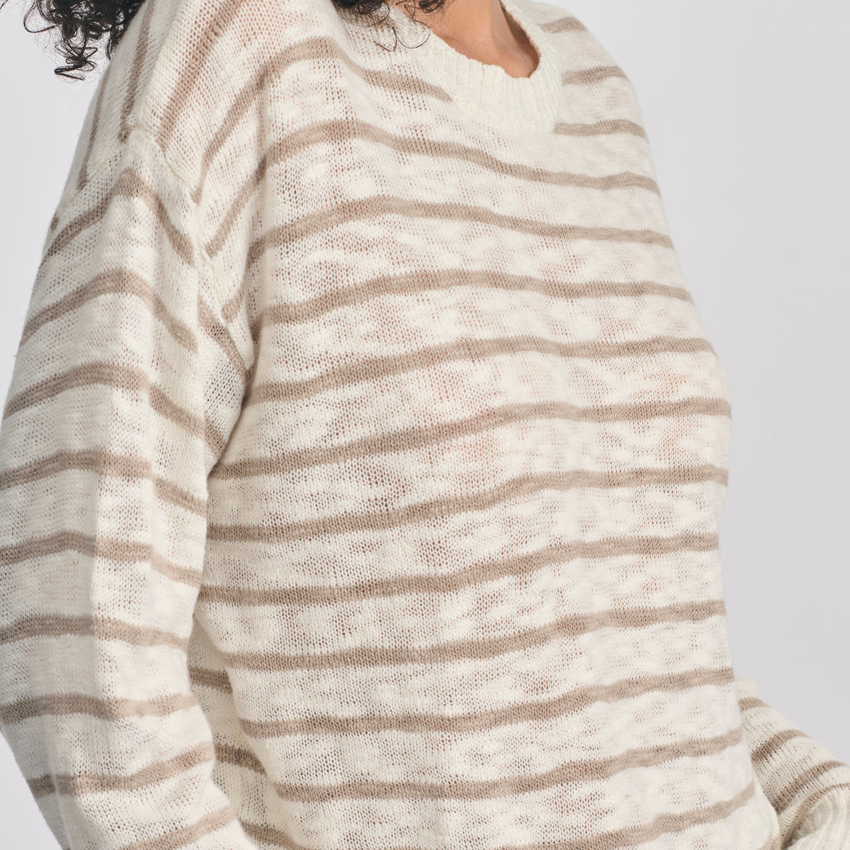 Women's Slub Stripe Crew Neck Sweater-Ivory-3