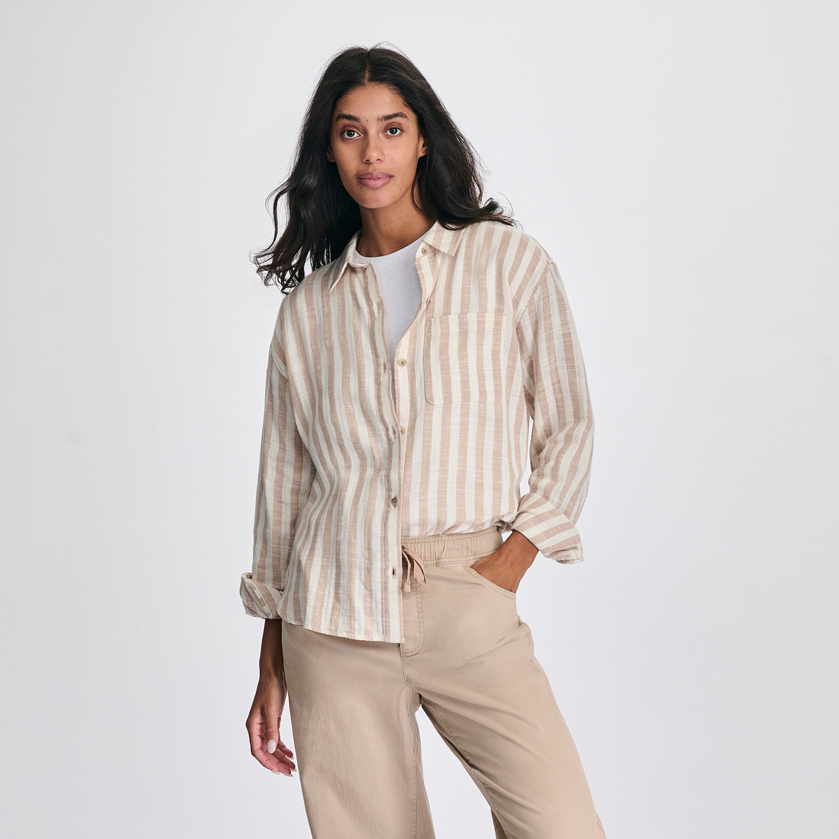 Women's Woven Stripe Cotton LS Slub-Natural-4