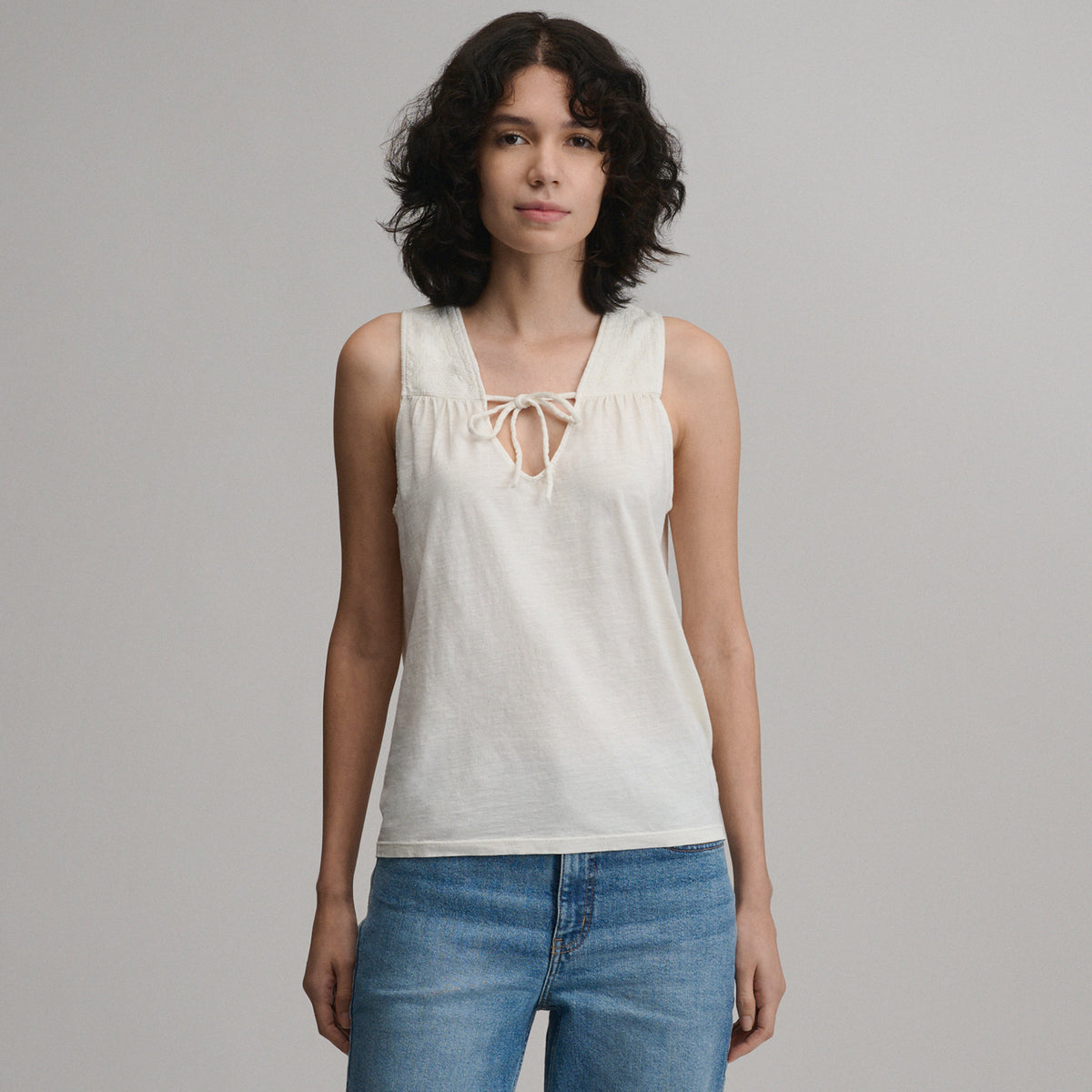 Women's Sunwashed Cotton Tie Front Tank-Snow-1