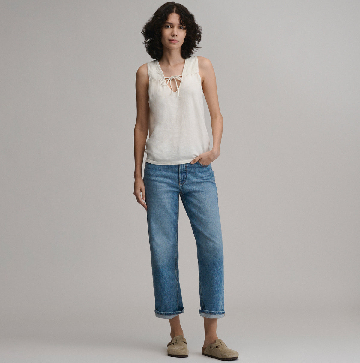 Women's Sunwashed Cotton Tie Front Tank-Snow-4